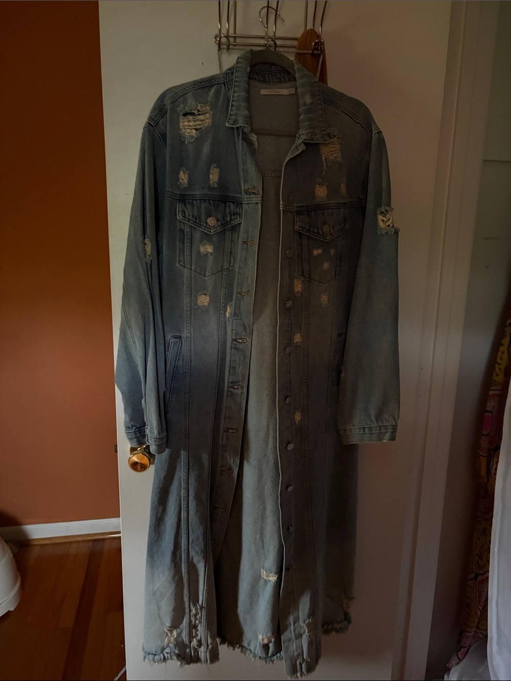 Distressed Light Blue Denim Trench Coat - Women's